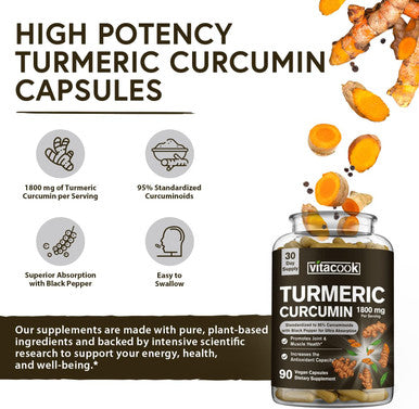 Vitacook Turmeric Curcumin 1800Mg, 95% Curcuminoids For Potency, Superior Absorption With Black Pepper Extract, Raw Whole Root, Vegan Joint & Muscle Support, Non-Gmo, 90 Veggie Caps