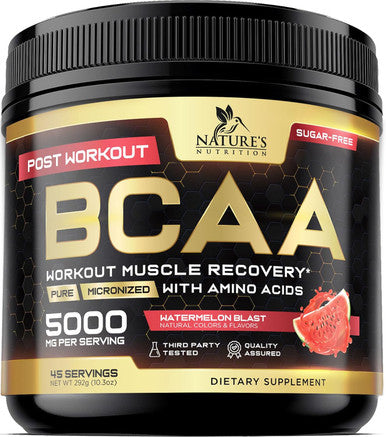 Nature'S Nutrition BCAA Powder 4g BCAAs 2:1:1 1g Glutamine B6 - Pre Workout Drink Energy Boost & Post Workout Muscle Recovery Amino Acids Supplement for Men & Women - Keto Sugar Watermelon Flavor - 45 Servings