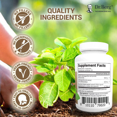 Dr. Berg's Ashwagandha with Black Pepper Supplement - Ashwagandha Capsules for Mood & Stress Support, Energy, Joint, Thyroid & Immune System - 1500mg Organic Ashwagandha Supplements - 90 Capsules