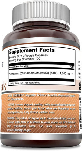 Amazing Nutrition Formulas Cinnamon Bark Supplement | 1000 Mg | 200 Veggie Capsules | Non-GMO | Gluten- | Made in USA