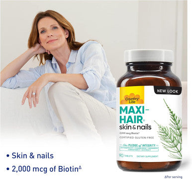 Country Life Maxi-Hair Supplement - 2000Mcg Biotin & Vitamins For Hair, Skin & Nails - Certified Gluten-& Vegetarian - Supports Hair Growth, 90 Tablets