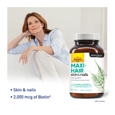 Country Life Maxi-Hair With 2000Mcg Of Biotin Nourishes Hair Skin And Nails 90 Tablets Certified Gluten Free Certified Vegetarian