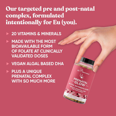 Eu Natural Glow Prenatal Vitamins for Women 20-in-1 for Healthy Pregnancy and Fetal Development Folic Acid & Vegan DHA For Baby's Growth & A Comfortable Pregnancy 60 Nourishing Capsules