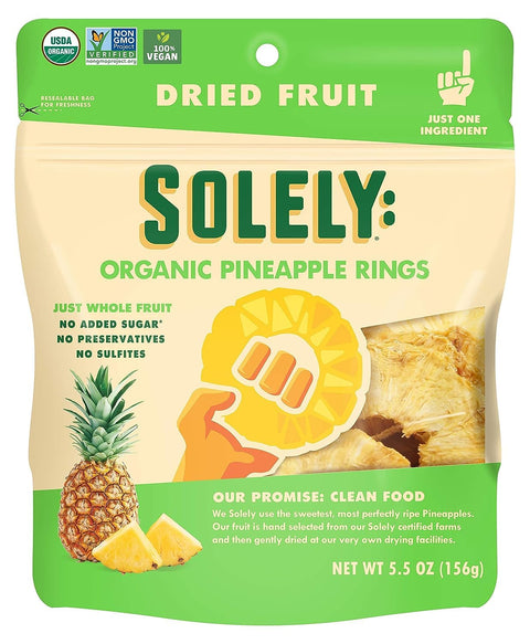 SOLELY - Organic Dried Pineapple Rings (5.5 oz Resealable Bags, Pack of 3) - Real Fresh Fruit - 1 Ingredient - Healthy Snacks for Adults & Kids - Non GMO, Vegan Snacks, Shelf Stable - 3 Bags (16.5 oz)