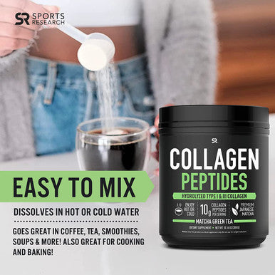 Sports Research Collagen Powder Supplement Vital for Healthy Joints Bones Nails Hydrolyzed Protein Peptides Great Keto Friendly Nutrition for Men Women Mix in Drinks Matcha 10.16 Oz