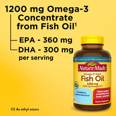 Nature Made Omega 3 Fish Oil 1200 Mg Fish Oil Supplements As Ethyl Esters Omega 3 Fish Oil For Healthy Heart Brain And Eyes Support One Per Day Omega 3 Supplement With 100 Softgels
