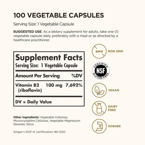 Solgar Vitamin B2 (Riboflavin) 100Mg 100 Vegetable Capsules Energy Metabolism Healthy Nervous System NonGmo Vegan Gluten Dairy Kosher 100 Servings