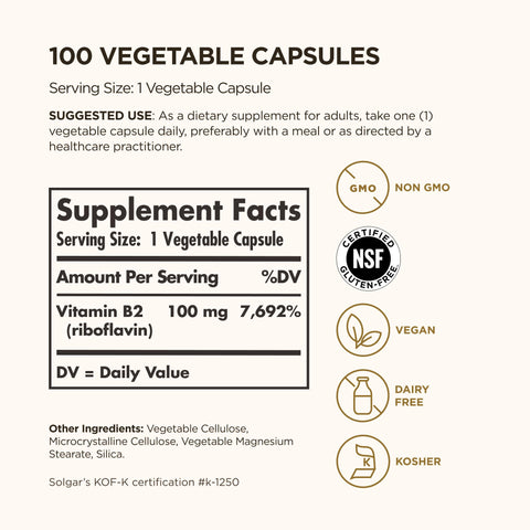 Solgar Vitamin B2 (Riboflavin) 100Mg 100 Vegetable Capsules - Energy Metabolism Healthy Nervous System - Non-Gmo Vegan Gluten Free Dairy Free Kosher 100 Servings