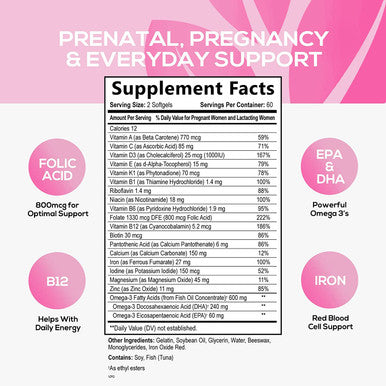Prenatal Vitamin with DHA - Pregnancy Vitamins for Women - Nature's Daily Multivitamin Supplement with Vitamin A, C, D3, B12, Folate, Omega-3, Iron & Zinc, Non-GMO - 120 Softgels