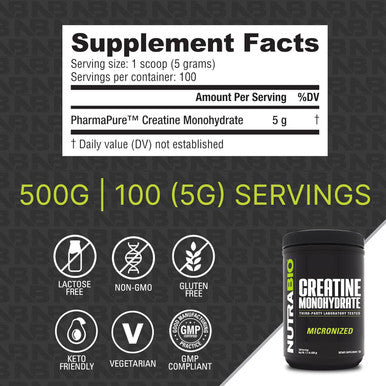 Nutrabio Creatine Monohydrate Unflavored 500g and Whey Protein Isolate Alpine Vanilla Supplement Bundle - Muscle Energy Lean Muscle Growth Recovery and Strength