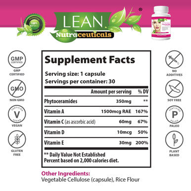 LEAN Nutraceuticals PhyGLOW Phytoceramides Ceramide Supplement with Multivitamins A, C, D, E - Skin Care Hydration Restoring Pills, Super Vegan Anti-Aging Wrinkle Support for Women and Men 30 Capsules