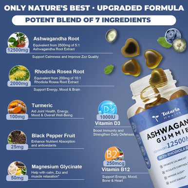 Totaria (2 Packs) Sugar Ashwagandha Filled Gummies W/Vitamin D3, Magnesium Glycinate, Rhodiola, Ultra Strength Ashwa Root Supplements For Women & Wen, For Relaxation, Energy, Cortisol Gummies