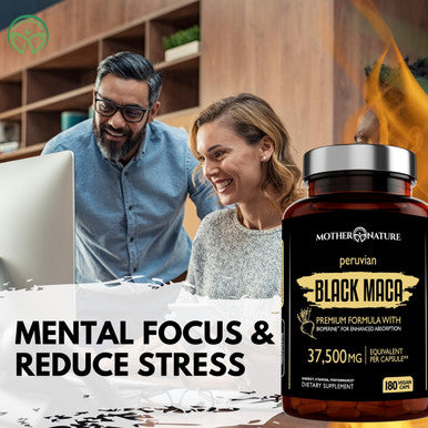 Mother Nature Organics Superfoods for Organic Living Organic Black Maca Root Extract Highest Potency 50:1, 37,500Mg, 6 Month Supply, Boost Stamina, Performance, Energy, Muscle Gain & Workout, Peruvian Maca Pills W/Bioperine & Non-Gmo