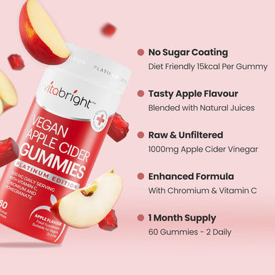 Vitabright Vegan Apple Cider Vinegar Gummies High Strength 1000mg Raw & Unfiltered 60 Apple Cider Gummies That Work Fast (1 Month) Apple Cider Vinegar Gummy Vitamin C Chromium Pomegranate VitaBright ACV