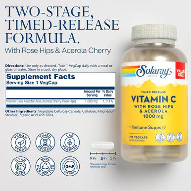 Solaray Vitamin C 1000Mg Timed Release Capsules With Rose Hips & Acerola Bioflavonoids, Two-Stage For High Absorption & All Day Immune Function Support, 60 Day , 275 Servings, 275 Vegcaps