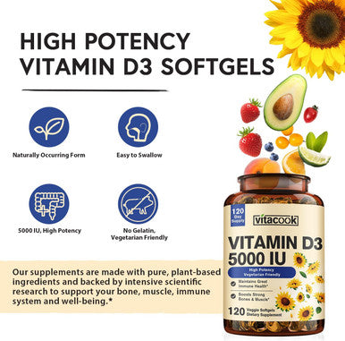 Vitacook Vitamin D3, 5000 Iu (125 Mcg), 4 Months Supply For Supporting Cardiovascular Health, Strong Bones & Muscle Function, Vegetarian, Once Daily, Non-Gmo, 120 Softgels