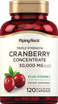 Piping Rock Cranberry Pills | 30000 Mg | 120 Capsules | For Women & Men | Concentrate Extract Plus Vitamin C | Triple Strength Supplement | Non-Gmo Gluten Free