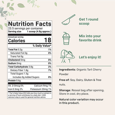Sustainably US Grown Organic Tart Cherry Powder 4 Ounce Pure Tart Cherry Supplements Uric Acid cleanse Antioxidant and Flavonoids Enhance Joint Health Sleep Cycles Immune System