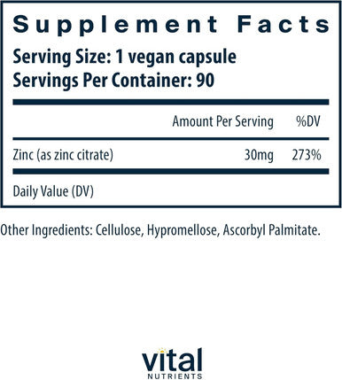 Vital Nutrients Zinc Citrate 30Mg Easily Absorbed Immune Support Supplement Vegan Zinc Supplement Gluten, Dairy, Soy Non-Gmo 30Mg 90 Capsules