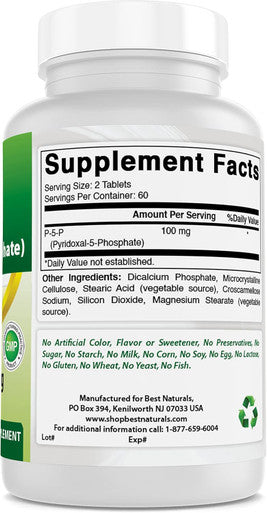 Best Naturals P5P Vitamin B6 (Pyridoxal 5 Phosphate) 100 mg/Serving - 120 Tablets - an Active Form of Vitamin B6.