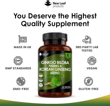 Ginkgo Biloba And Korean Ginseng Tablets 7000Mg Ginkgo Biloba Herbal Supplements & 600Mg Panax Ginseng High Strength Ginseng Extract Enriched With Vitamin B3 and B5 360 Vegan Tablets