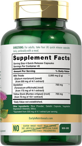 Carlyle Milk Thistle 2000Mg | 180 Capsules | With Dandelion & Yellow Dock | Non-Gmo, Gluten Free