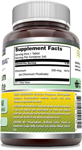 Amazing Nutrition Formulas Chromium Picolinate Supplement | 200 Mcg Per Serving | Tablets | Non-GMO | Gluten | Made in USA (240 Count)