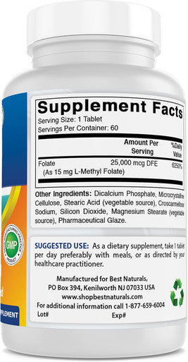 Best Naturals Methyl Folate 15000 mcg (15mg) (Most Bio-Available) 60 Tablets - Supports Cell Formation Growth Function Brain Memory Cardiovascular Health (60 Count (Pack of 1))