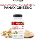 Renew Actives Panax Ginseng Supplement - Help Boost Energy, Performance & Cognitive Function, Easy Swallow Vegan Capsules, Gluten & Gmo Free, 500Mg Per Serving