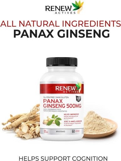 Renew Actives Panax Ginseng Supplement - Help Boost Energy, Performance & Cognitive Function, Easy Swallow Vegan Capsules, Gluten & Gmo Free, 500Mg Per Serving