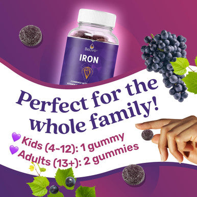 Belive Iron Gummies - Multivitamin With Iron, Vitamins & Zinc For Blood Oxygen - Grape Flavor, Vegan Supplement For Women, Men & Kids