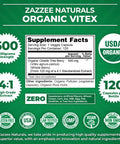 Zazzee Usda Organic Vitex, 500 Mg Strength, 120 Vegan Capsules, 4 Month Supply, Standardized And Concentrated 4X Extract, Whole