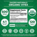 Zazzee Usda Organic Vitex, 500 Mg Strength, 120 Vegan Capsules, 4 Month Supply, Standardized And Concentrated 4X Extract, Whole