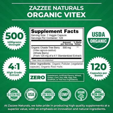 Zazzee Usda Organic Vitex, 500 Mg Strength, 120 Vegan Capsules, 4 Month Supply, Standardized And Concentrated 4X Extract, Whole