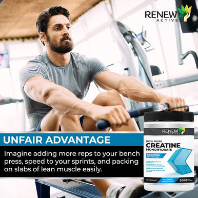 Renew Actives Creatine Monohydrate Powder, Ultimate Post Or Pre Workout Powder For Muscle Growth, Mass Gainer, And Increased Strength, 100% Pure Creatine Powder 5G Per Serving/ 60 Serving