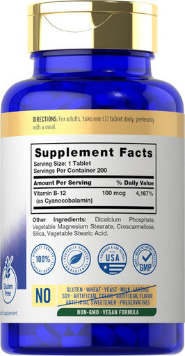 Carlyle Vitamin B12 100mcg | 200 Tablets | Essential Vitamin Supplement | Vegan Non-GMO and Gluten Formula