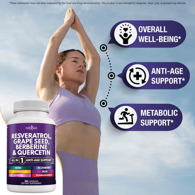 Age Resveratrol, Berberine, Grape Seed Extract, Quercetin, Polyphenol Supplement For Women And Men With Noni Extract, N-Acetyl Cysteine, Acai Extract - 120 Capsules