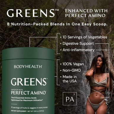 Bodyhealth Perfect Greens Formula (30 Svgs) Daily Superfood Green Apple Smoothie Powder With Vegetables, Fruit, Antioxidants, Prebiotics, Probiotics, Fiber, And Perfectamino Protein