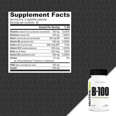 Nutrabio B-100 B Vitamin Complex Immune System Support Healthy Hair Skin Nails 90 Vegetable Capsules