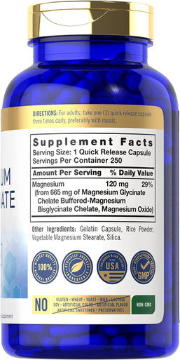 Buffered Magnesium Bisglycinate 665 mg | 250 Capsules | Chelated Essential Mineral | Non-GMO and Gluten Free Supplement | by Carlyle