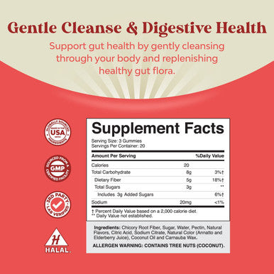 Halal Fiber Gummies for Adults - Perfect Fiber Supplement Gummies for Colon Health, Digestive Support, Gut Leak Repair, Body Cleanse & Immunity Boost - Tasty Prebiotic Fiber Gummies - 60 Fiber Gummies
