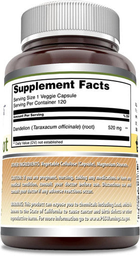 Amazing Nutrition Formulas Dandelion Root (Taraxacum Officinale) Supplement | 520 Mg Per Serving | 120 Veggie Capsules | Non-GMO | Gluten- | Made in USA
