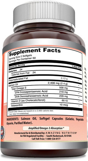 Amazing Nutrition Omega Wild Alaskan Salmon Oil (Omega-3 EPA/DHA) Supplement | 2400 Mg Per Serving | 120 Softgels | Non-GMO | Gluten- | Made in USA