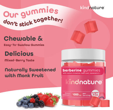 kindnature Kind Nature Berberine Gummies 1000mg with Ceylon Cinnamon & Resveratrol ÃƒÂ¢Ã¢â€šÂ¬Ã¢â‚¬Å“ Sugar-Free Vegan Supplement for Blood Sugar Support Metabolism Cravings Wellness Non GMO Gluten Free
