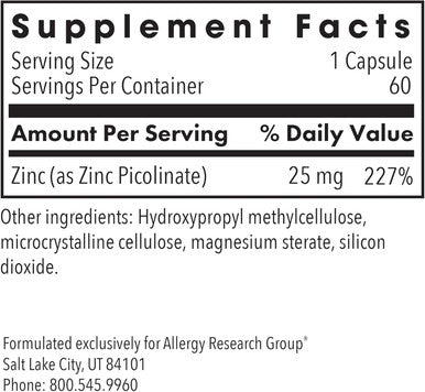 Allergy Research Group Zinc Picolinate Supplement - Supports Normal Health Immune Response, Highly Bioavailable, Well-Absorbed, Hypoallergenic, Vegetarian Capsules - 60 Count