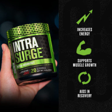 INTRASURGE Intra Workout Energy BCAA Powder 6g BCAA Amino Acids Natural Caffeine 4g Citrulline Malate and More for Muscle Building Strength Endurance Recovery Fruit Punch 20sv