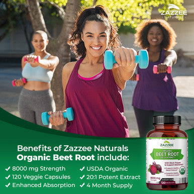 Zazzee Usda Organic Beet Root 20:1 Extract, 8000 Mg Strength, Enhanced Absorption With Organic Black Pepper Extract, 120 Vegan