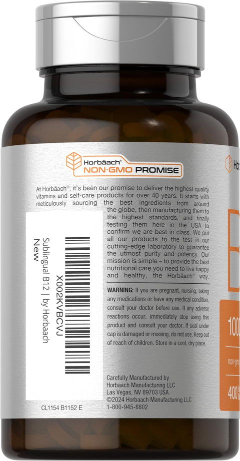 Horbaach Vitamin B12 1000 mcg Sublingual 400 Fast Dissolve Tablets Methylcobalamin Supplement for Women and Men Berry Flavor Vegan NonGMO and Gluten Free
