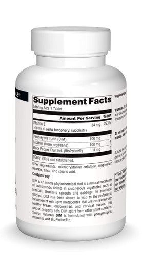 Source s DIM, Diindolylmethane 100mg with BioPerine, Vitamin E & More - 180 Tablets