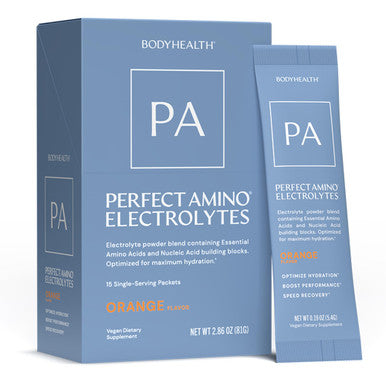BodyHealth PerfectAmino Electrolyte Drink Mix Orange No Sugar Keto & Fasting Friendly Hydration with Trace Minerals Stick Packs